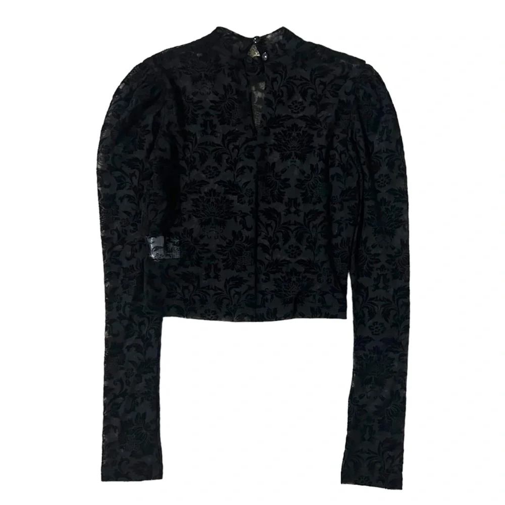 || NEW || Motel Black Floral Sheer Fitted Cropped Long Sleeve Women’s XS - Picture 5 of 7